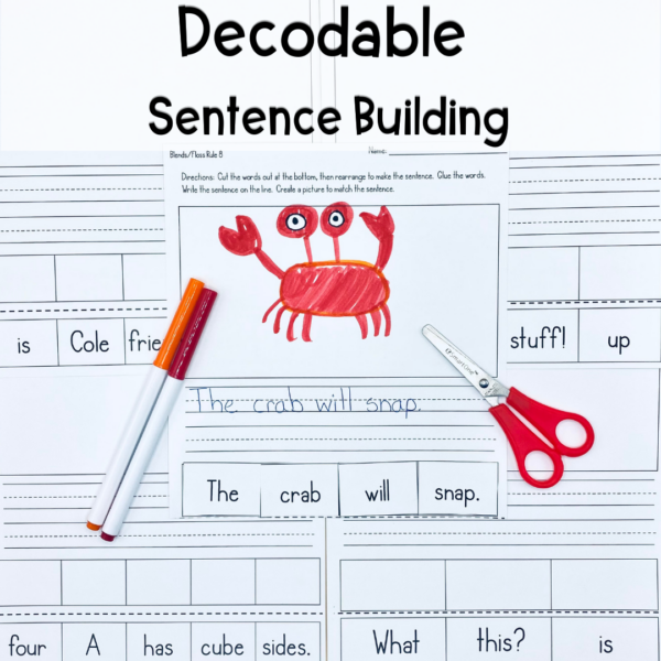 Decodable sentence building. An image of several sheets of paper with a decodable sentence activity on each.