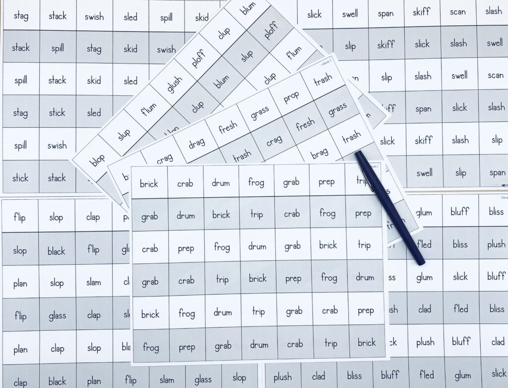 An image of several fluency grids with blends.